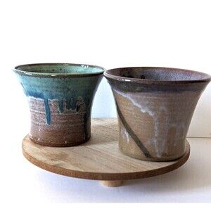 Brown's Potter Drip Glazed Green Blue Grey White Pottery Montana Set of 2